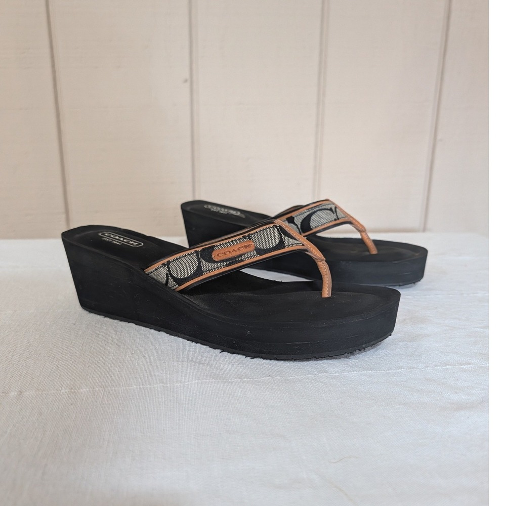 COACH Juliet Signature Canvas Wedge Flip Flops Sandals Black A0285 Size 9B Y2K